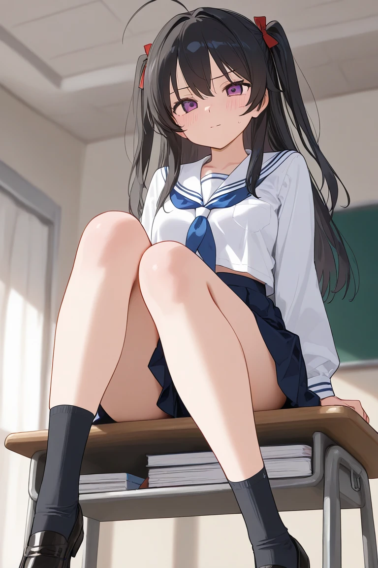 ((((masutepiece, Highest Quality, Best Quality, 1girl in, Solo, Beautiful anime、Detailed picture))))、18year old、A slender、slightly larger breasts、skinny thigh、((dark brown hair、Straight、Longhaire、Brown-eyed、rounded eyes、Clear department、、)),((Schools、Classroom))、((Dark blue blazer、Dark blue skirt、School uniform、bow ribbon、lowfers)))、astonished face、astonished face、NSFW、(((、Fluid overflowing from the female genitalia、Fluid overflowing from the female genitalia、dildo、open one's legs、insertion、masturbate、)))、(Sit on a wooden chair、shot from front)、Photo from the knee up、