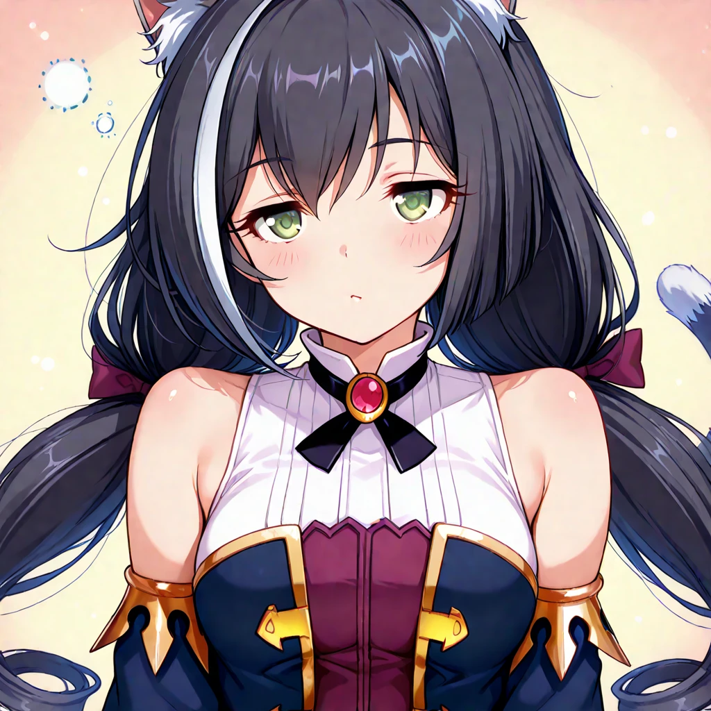 source_anime, anime style, 1girl, karyl, animal ear fluff, animal ears, black hair, black ribbon, cat ears, cat girl, cat tail, fang, green eyes, hair bow, long hair, low twintails, multicolored hair, purple bow, ribbon, skin fang, streaked hair, tail, twintails, vertical stripes, white hair, saliva, cum in mouth, cum on face, cum on body, seductive smile