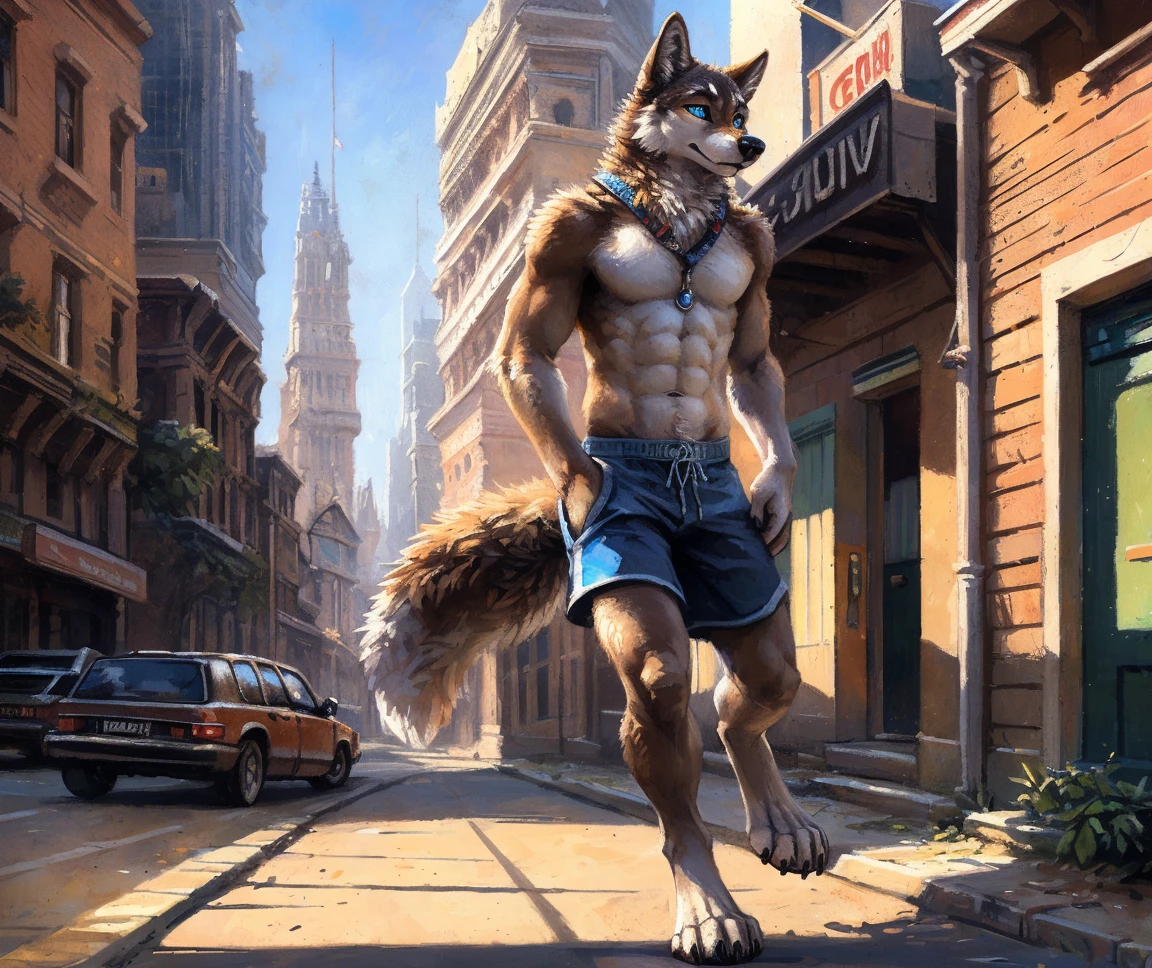 anthro, male, 1boy, solo focus, marten, dark brown fur, skater punk, day, dim, detailed eyes, detailed clothes, torn clothes, thin, sleeveless top, (((sweaty armpits))), raised arms, bare chest, tall, extreme pants bulge, ((huge bulge)), treasure trail, chest hair, (((armpit sweat))), armpit hair, (sweat), (musk), detailed nipple piercings, masterpiece