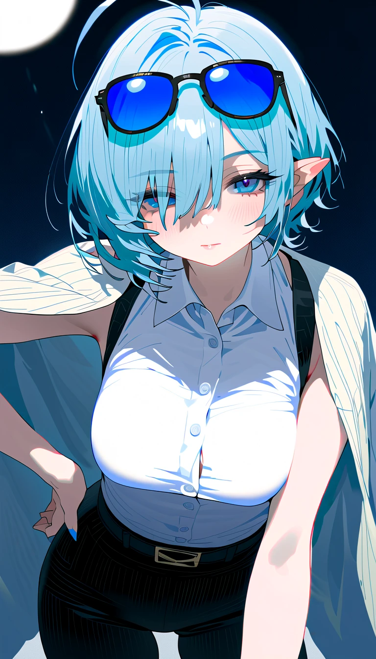 (masterpiece, best quality:1.5), (ultra detailed, high resolution, 8k, beautiful detailed, UHD, best anatomy), 1 cute elf, pale blue hair, small breasts, business shirt, Flared skirt, Rain soaked my whole body and clothes, Wet from the rain, her underwear is showing through, A troubled expression, outdoors, taking shelter from rain, Bra
