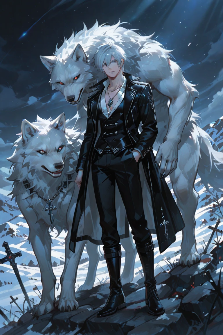 Draw a boy with light skin and white hair., Red eyes, with white werewolf characteristics.