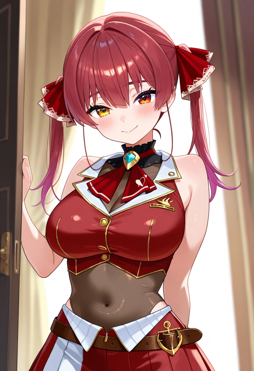 masterpiece, houshou marine, heterochromia, red eyes, yellow eyes, red hair, twintails, red hair ribbon, smile, thick thighs