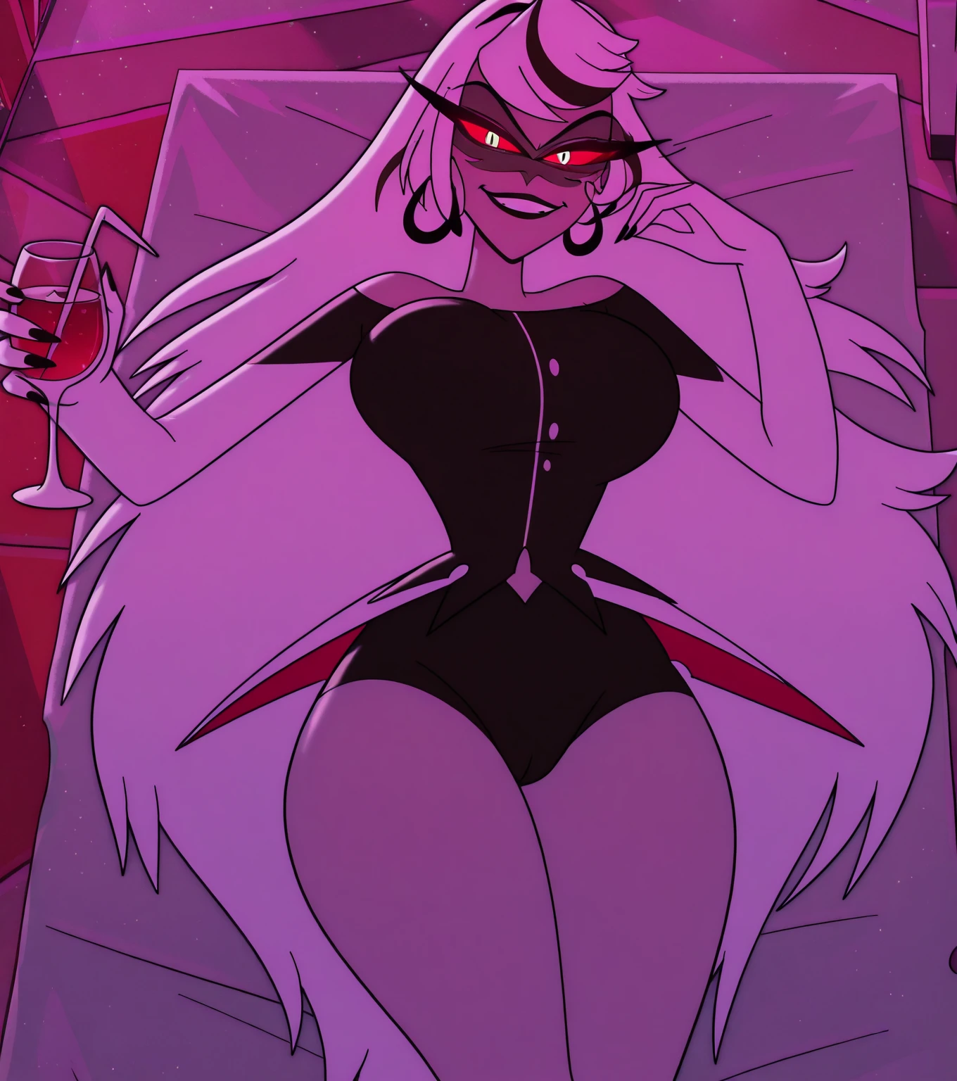 very  low camera angle on floor looking up , Capture the essence of dark allure and devilish elegance in a breathtaking masterpiece of anime artistry. Enter the world of Charlie Morning Star, a seductive villainess clad in red lingerie, adorned with horns, and boasting a demon tail. With a commanding presence, she gazes down upon the viewer, exuding an aura of sinister charm. Her bare feet, delicately painted with black nail polish, extend with a tantalizing grace, embodying the essence of evil princesses and demon goddesses. This luxurious scene unfolds within the opulent confines of a high-end hotel room, where Charlie sits poised on the edge of the bed, her feet leisurely raised, inviting admiration. Through a meticulously detailed 4K rendering, every aspect of this demonic enchantress, from her sultry pose to the intricate details of her feet, is brought to life with unparalleled artistry. Experience the allure of the supernatural in a spellbinding composition that elevates the succubus archetype to new heights, enticing viewers with a mesmerizing blend of beauty and danger."