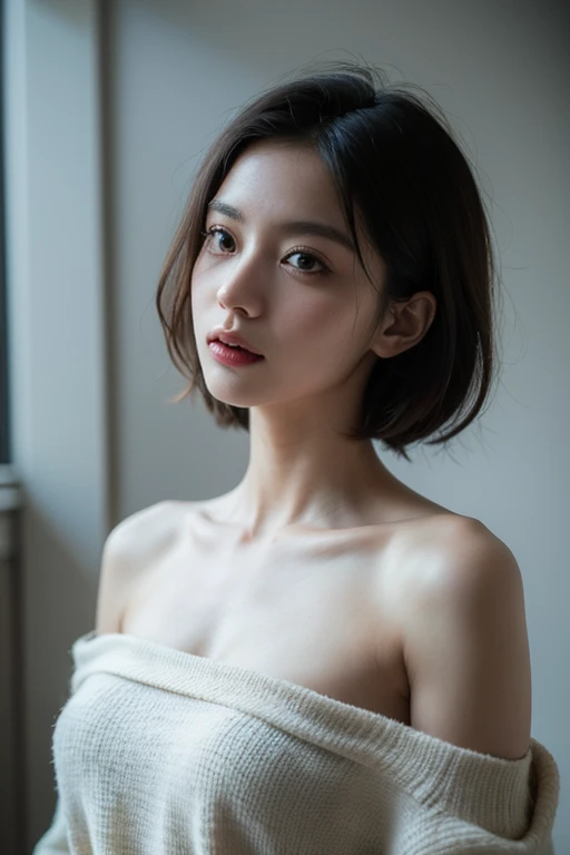 Photo taken by Canon EOS R6, 85 mm, 1/1250, F/2.0, ISO 400)、extra detailed body、extra detailed face、best qualtiy:1.2)、femele、looking at the viewers、(JINS)、(Random background:1.4)、full body Esbian、Precise proportions、(Japan Person Model)、18 year old girl、Slim model、小柄、Hairstyle is random、long legged、small ass、red blush、full of shyness、鎖骨、abdominals、Double weave、A Japanese Lady、beautiful and delicate face、fair white skin、authentic skin、(详细的脸)、Well-formed round face、pores、超A high resolution、 8K、parameters Best quality、​masterpiece、(realisitic:2.0)、detaileds、Skin Details、Hairstyle is random、beautidful eyes、An Asian girl、Slimed、Beautiful fece、Studio Lighting、(((teats)))、Natural abs、bare shoulders​、oval-face、二重まぶた、Central eye、独奏、((Thin natural pink areola))、delicate and sexy(鎖骨:1.3)、(shinny skin:0.8)、(​masterpiece:1.4)、(top-quality:1.4)、natural(Perfect breasts with good shape:1.25)、shiny lip、(SFW)、（One nipple on one breast）、((huge tit))、((small areolas))