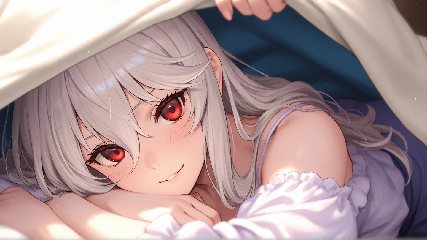 1 girl, ((Girl is short, cute, beautiful, attractive)), ((Girl has purple eyes)) ((Girl has very long white hair)), ((Girl is naked )), ((Living room, laying on sofa))((Blurry Background)), ((Girl is biting lower lips, blushing)), ((Girl has a giant dick)), cum, 8k, masterpiece