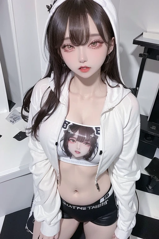 high image quality、Raw photography、20-year-old Korean、big round chest、white Hoodie without front closed、Beautiful Eyes of Details、very elongated eyes、Beautiful eyelashes、Beautiful double eyelids、eyeshadows、耳Nipple Ring, (standing pose:1.5), wearing super tight print boxers, print crop top