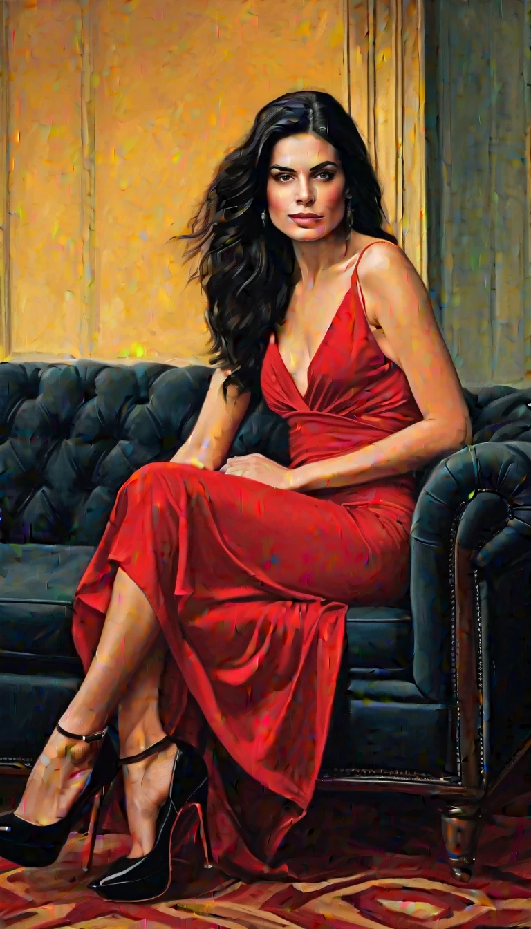 1girl,MircosGrove,black hair,long hair,detailed face,wears a red dress with a neckline and black heels and crossed legs on a hotel sofa looking seductively