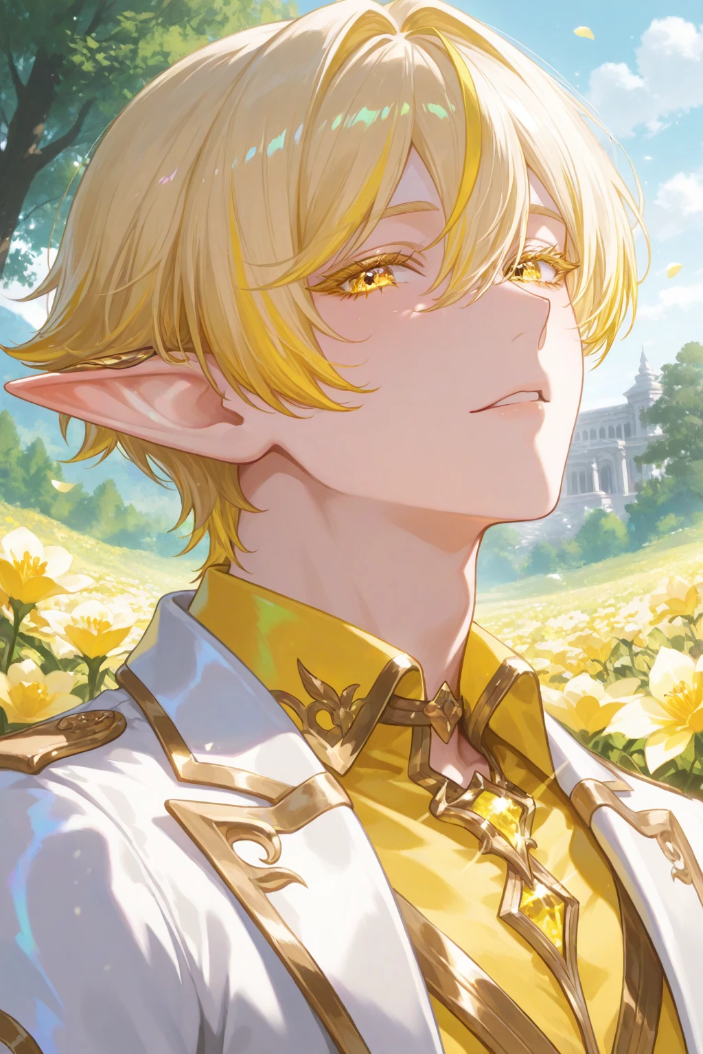 young man, twink, (((male))), (((man))), (((one person))), single, solo, (((very light blonde hair))), (((pink colored eyes))), (medium short hair), (chin-length hair), wavy hair, slim body, ((flat chest)), ((fantasy style)), ((wearing flowers in his hair)), flowercrown, ((pointy ears)), (((light pink colored eyes))), smooth skin, (((taking a bath in a pond))), fancy greenhouse background, (sunlight falling in through big detailed windows), room is decorated with flowers in bottles, flowers in vases, flowers in pots, hanging plants, (((wearing a transparent white top))), (white lace on clothes)