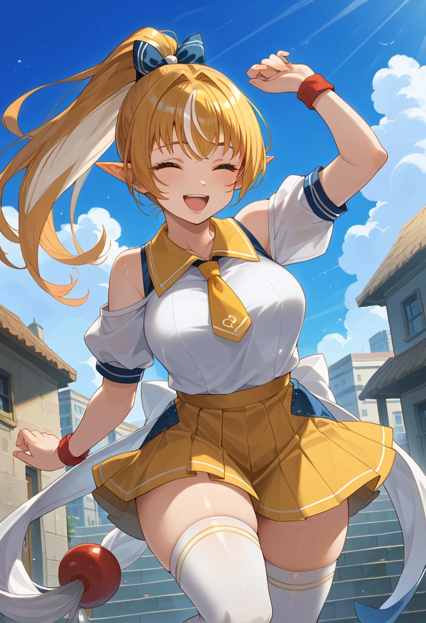 (masterpiece), (highest quality), (figure), (Very detailed), (High resolution), (8k), (Perfect Anatomy), (Anatomically correct), One Girl, Very large breasts, Big Breasts, Twin tails, Drill Hair, (Golden Hair), very cute girl, Short, young, , Young, delicate, Attention to girls, she, smile, charming smile, blush, Best moment, , low length, Golden Eyes, Bright Eyes, Vivid eyes, cute, Thighs, Waistline, Being spoiled, Innocent, i love you, Love Viewer, Beautiful Skin, Beautiful body, cute face, delicate arms,　Innocent, Boyfriend's gaze, Vivid eyes, Neat, blush, Sensual, whole body, Seductive, Detailed skin texture,　Intricate details,　Very detailedな顔, Beautiful Eyes, Big Eyes, heart, Inviting, Desire to monopolize, Quote, Gorgeous, Beautifully shaped breasts, Looking up, I love you, 魔法少女まどか☆マギカ, Mami Tomoe, Cheerleader, Lift one leg,　loose socks, sneakers, pom-poms, support, Excited, Lively, Schoolyard, Open your mouth,