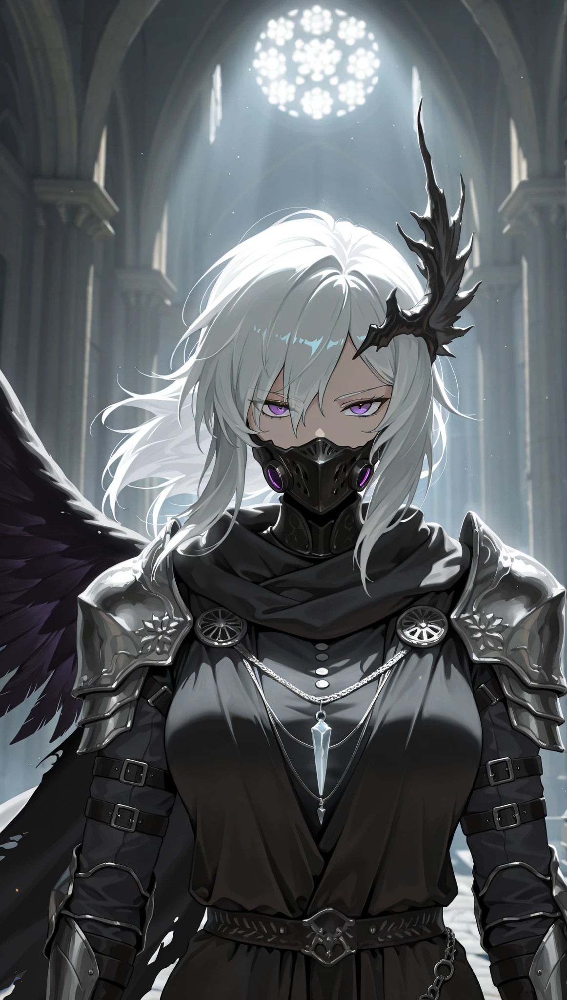 in the style of [arknights|(748cmstyle:0.5)], god rays, darkness, dark souls, dramatic lighting,cinematic shot,mature, masterpiece, best quality, amazing quality, very aesthetic, high resolution, ultra-detailed, backlighting, backlit, dramatic, absurdres, scenery, cyberpunk, futuristic, high tech, sci fi,
1girl, solo, upper body focus, closeup shot, portrait, looking at viewer, anger, serious, angled shot, (dynamic pose:1.4), medium hair, white hair, purple eyes, expressionless, tsurime, narrowed eyes, focus, greek clothes, greco roman clothes, dark roman architecture, single wing, pristine white crystal wing, Arasaka, Millitech cybernetics, officer's pauldron, mouthpiece, covered mouth, cape, 

 