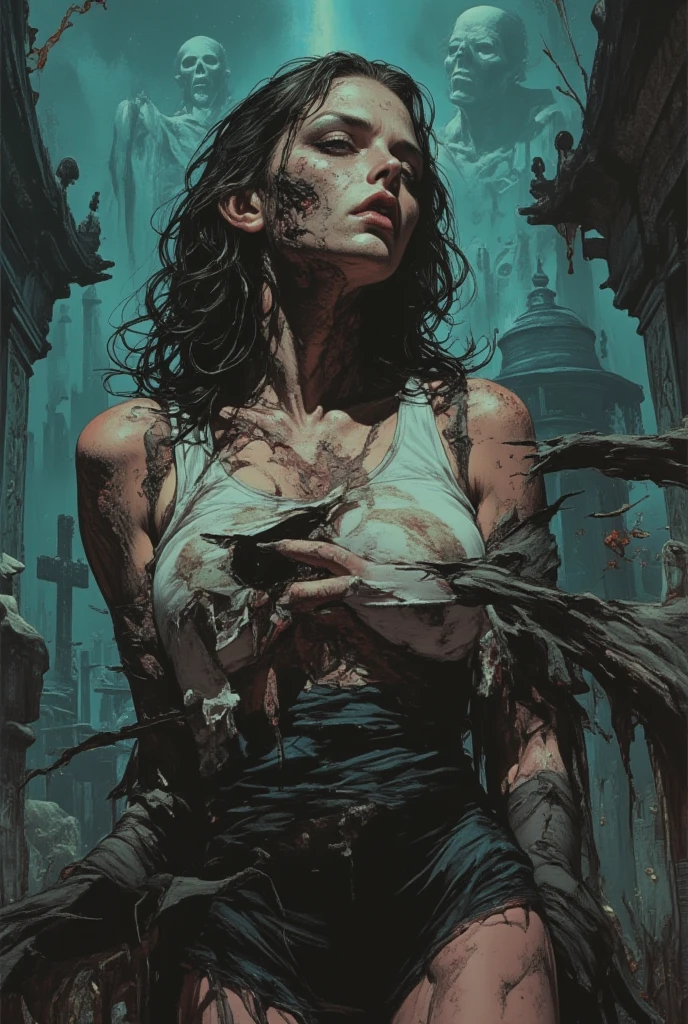 In a graveyard in front of a tombstone, a decomposing beautiful nude woman crawls out of the grave, Crawling towards you. A spectral being draped in flowing iridescent mists. The image, a stunning digital art piece, is bathed in a dreamlike haze of BLue and gold Dynamic Soft lighting. ,zombie bride, nipples, vagina asshole, butt;; lightning,thunder storm, fog, full blood moon,; comic art style, dramatic lighting, moody, arching her back
