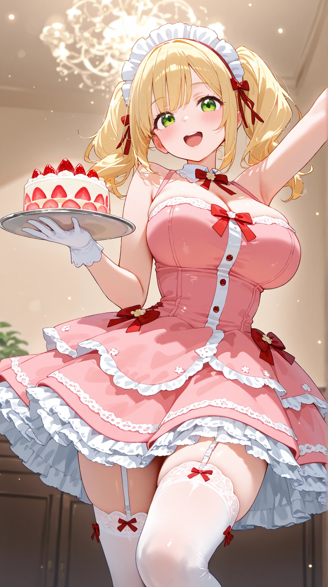 (dynamic angle:1.3, front view:1.1, breast focus:1.3, from below:1.2), (dynamic posing:1.5, sexy posing:1.2, leaning forward), (seductive smiling:1.3), ((looking at viewer, holding a cake)),highest quality、(real、photorealistic:1.4),(ultra high resolution, 8K RAW photo, clear focus), best qualtiy, natural lighting, field depth, (Bright pupils, detailed beautiful eyes, high detailed face), Red lip, (tight focus:1.2, from below), sexy posing, a girl 22yo old, teacher, wearing a , bootyshorts, Thicc, thin breast, long hair, blue eyes,off-shoulder dress, sweater dress, off-shoulder sweater, red sweater,garter stocking, cleavage:1.1, midriff, black shorts, black thighhighs, thigh strap, pretty girl, (highly detailed beautiful face and eyes,firm breasts),real skin,((black,hair,long pony tail hair)),thin pubic hair,cute,lovely, detailed eyes, This masterpiece is only visually stunning but also tells,(double breasted:1.2,under bust:1.2),(with sparkling eyes and a contagious smile),open mouth, Looking at Viewer, posed cleavage:1.2,pose muy sexy"