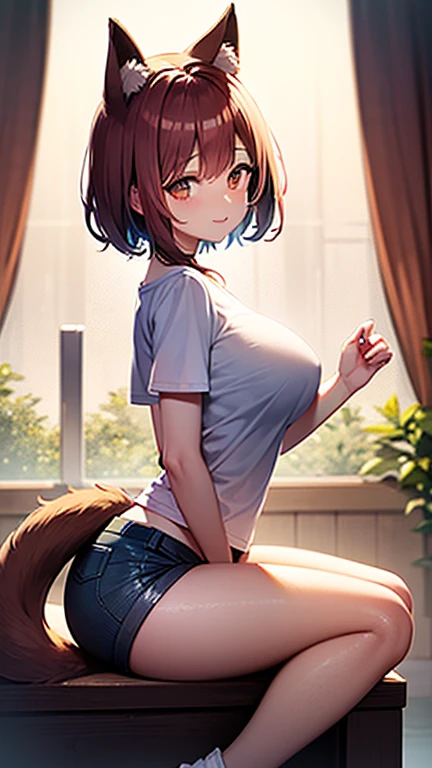 very cute slim dog girl, nsfw ((dog ears)), ((dog tail)), kneeling on her knees, extremely happy, crazy, and excited expression, beautiful detailed eyes, outside at a park (lush greenery), playful pose, (((wearing oversized shorts))), (((shirtless))), (((exposed small breasts))), soft sunlight, 8k, UHD, masterpiece, vibrant colors, detailed background, fresh atmosphere, light breeze, serene environment, nature elements, bright sky