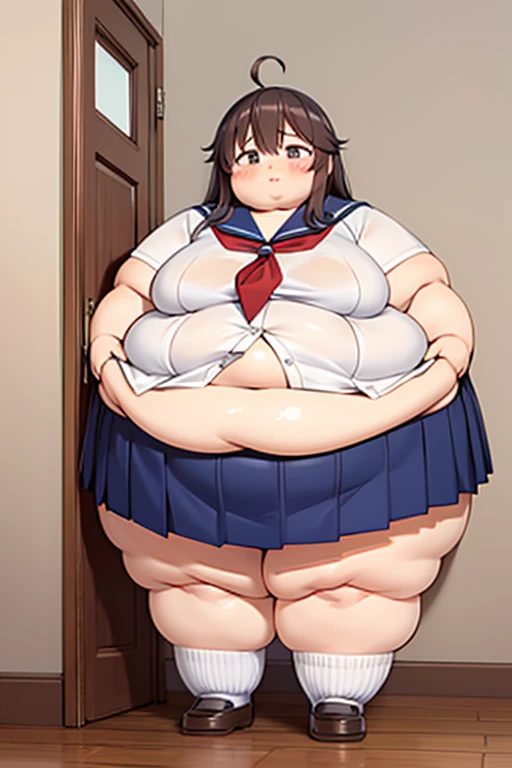 ((best quality)), ((masterpiece)), (detailed shadings), perfect face, male character, ((femboy)), cute boy, (japanese schoolboy), (light blue japanese summer sailor uniform), wet uniform, ((light brown skintight bike shorts)), reflective spats, spandex pants, (bottom heavy), big butt, wide hips, ((thick plump thighs)), (flat chest), small breasts, slim belly, (visible bulge in pants), fair skin, (short brown hair), big hazel eyes, ((detailed eyes)), red cheeks, blush, (smug smile), ((bratty expression)), ((sweaty)), steaming breath, (school background), teasing pose, dynamic view, dynamic perspective, manga panels