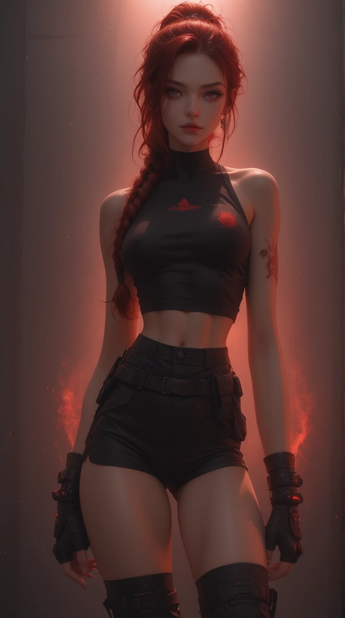 <lora:VRAMsTheImaginedX06:0.65>, xyzimagined, 1girl, gloves, 3d, closeup, belt, gloves, sports bra, blue eyes, red hair, twin braids