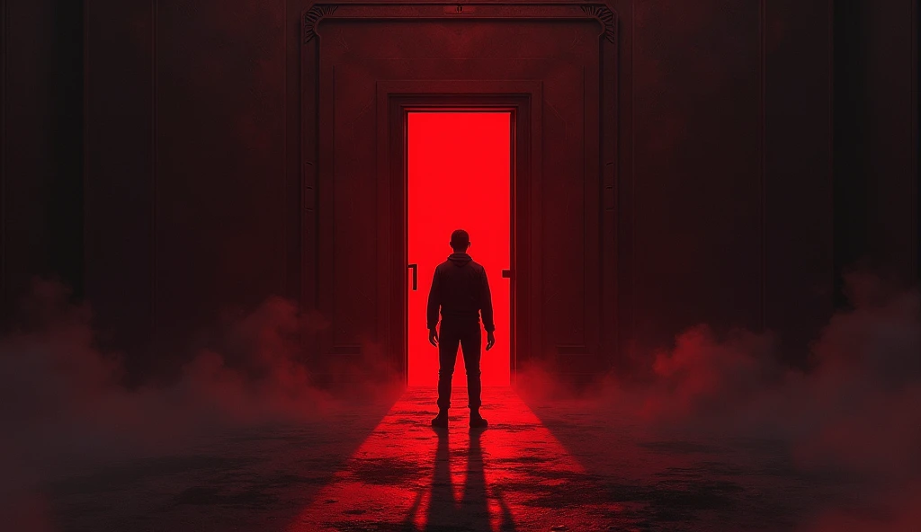 Porte rouge : Une grande porte rouge lourde, située en haut d'un long escalier. La porte est rouge vif, symbolisant les épreuves passées. Derrière la porte, il y a une obscurité profonde, représentant un environnement sombre et stressant.Escalier : Un escalier long et raide, en métal ou en béton, menant à la porte rouge. Sur les marches, des chaînes brisées et des papiers avec des mots comme "stress", "harcèlement", "fatigue" sont dispersés, symbolisant le chemin difficile et les luttes.Usine en bas : En bas de l'escalier, une usine sombre avec des machines lourdes, des tuyaux et des engrenages. L'usine est sombre et oppressante, représentant un environnement de travail difficile.Ambiance générale : Une ambiance sombre et pesante avec des contrastes entre l'obscurité de l'usine en bas, le sombre derrière la porte rouge en haut, et les éléments symboliques sur l'escalier. Derriere la porte rouge il ya  des bureaux oppressants
