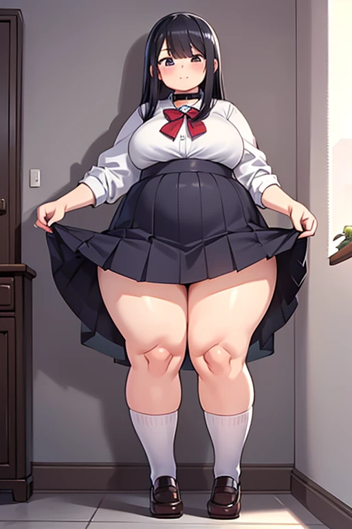 masterpiece, best quality, highres, bbmumei, long hair, multicolored hair, jewelry, earrings, shirt, sweater, long sleeves, plaid, black choker, black skirt, long skirt, living room, sitting on couch, holding smartphone, smile, open mouth, small breasts, (chubby:1.7), (2heads:1.5), (wide hips:1.6), (thick thighs:1.6), (legs crossed:1.3), (crossed legs:1.3), walking