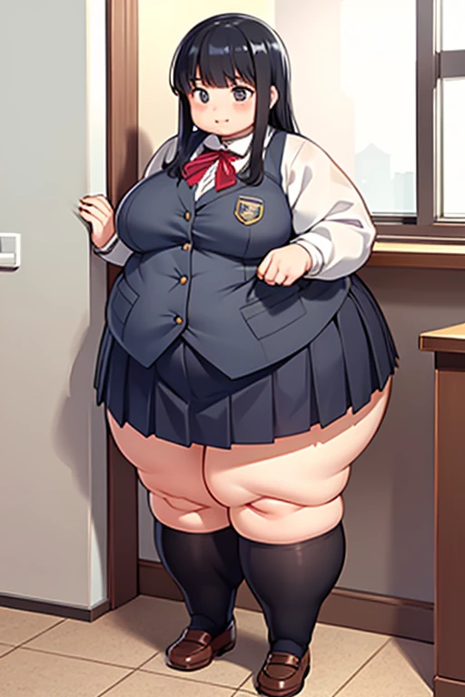 Cute tomboy girl wearing a business suit, she has very wide hips, her thighs are very thick, her legs are fat, her skirt is tight on her hips, her behind is plush and plump, she has love handles on her hips, fat love handles, she's chubby, she has a pudgy belly she's wearing a buttoned up blazer, her shirt squeezes her belly, she's wearing thigh highs, she's gotten bigger, her hips are straining her skirt, her belly is very chubby, she has a fat jiggly belly, her shirt and blazer are well fitted, her hips are wider than her shoulders, her thighs are much wider than her hips, her legs are incredibly fat, bulging thighs, she's out of breath