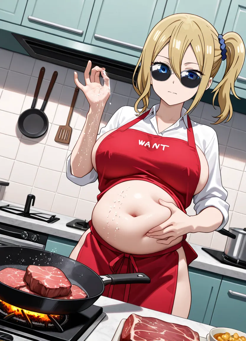 score_9, score_8_up, score_7_up, source_anime, 1girl, solo, boob window, cow pattern crop top, no bra, big tits, standing, holding a tray of burned food, gown, cooking, kitchen, hellsing, seras victoria, front view, looking at viewer, embarrassed, shy, burnt food, charred burnt food