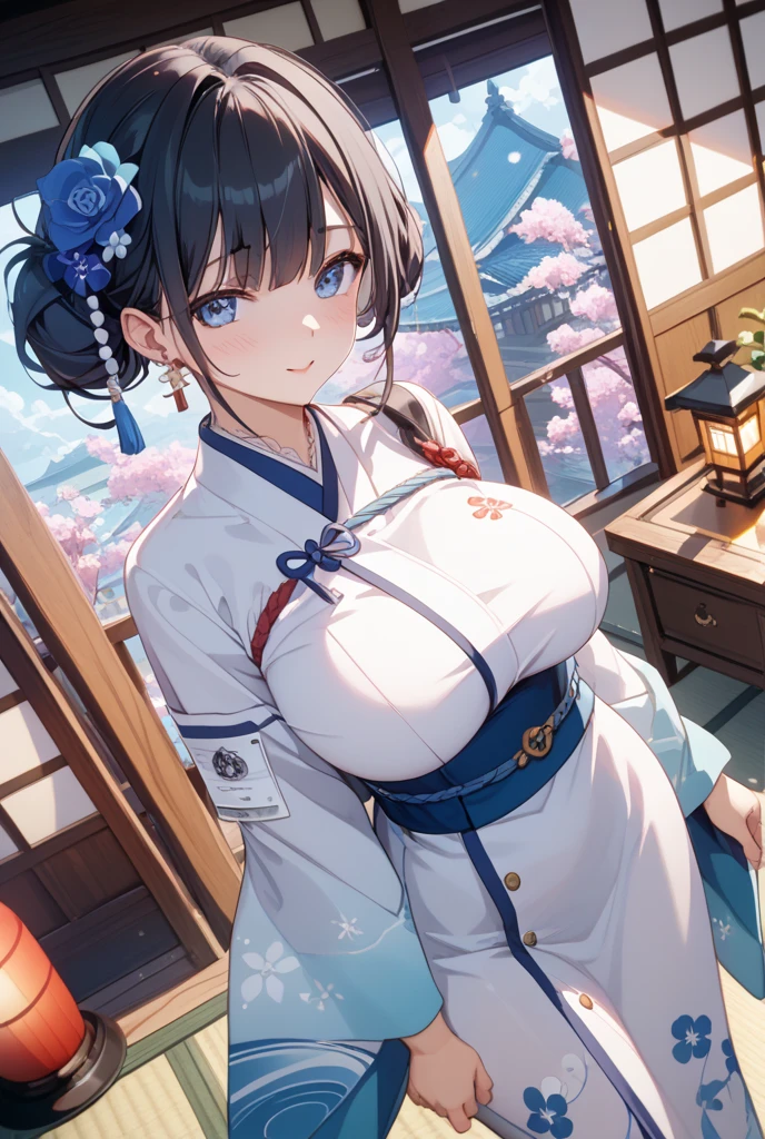 Kaga(Fleet Collection),highest quality, masterpiece, High resolution,kimono,blue skirt,side ponytail,big_breasts,