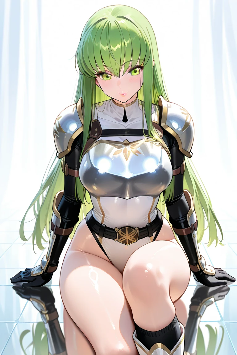 Copper bikini armor, copper crown, bare belly, big breasts, green hair, red eyes, bikini armor, copper, technology, scientist 