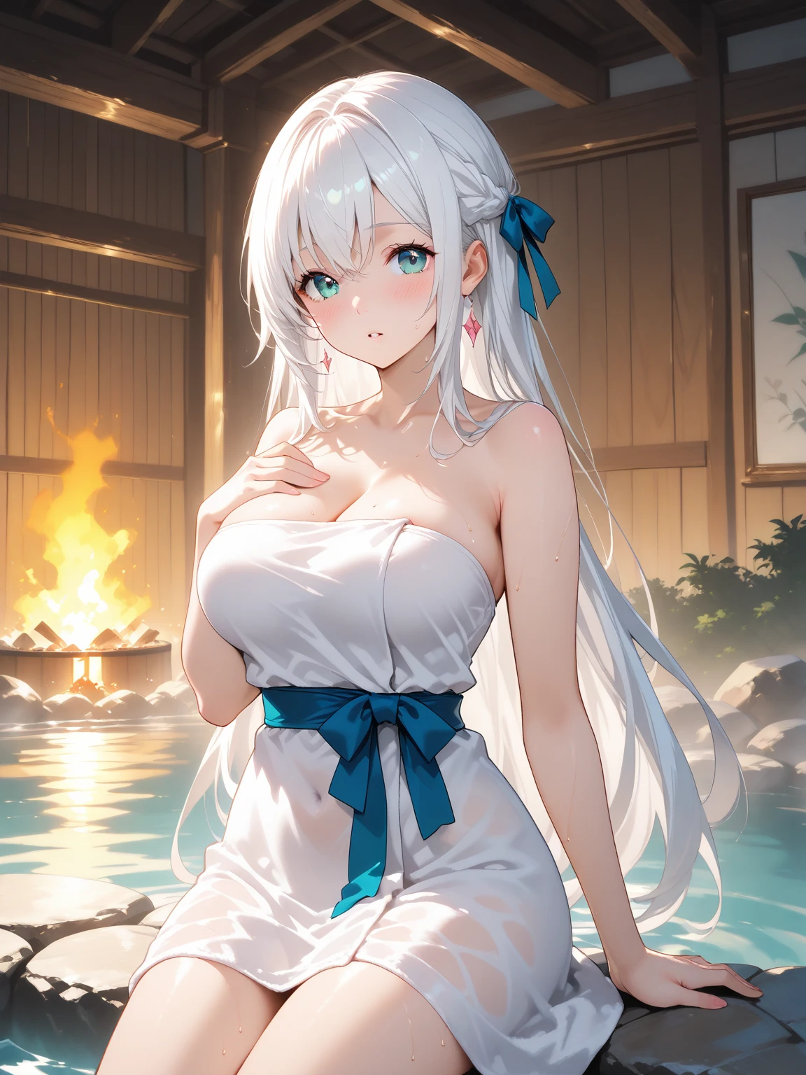 1 girl(masterpiece,top quality,best quality,official art,Beauty and aesthetics:1.2),white hair,green eyes,long hair,big sister,tall figure,enchanted,enchanting,Flushed complexion, playful expression while Blushing, super gigantic breasts,Breasts larger than the head, kimono, clogs,Off the shoulders, well defined cleavage,Sitting on the stone steps by the water of a hot spring, thigh exposed.
