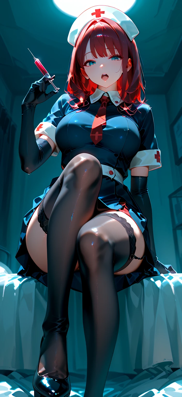 Anime Kawaii sexy Perfect Slim sensual body large breast and huge thighs, An intricate and highly detailed illustration of anime (Young girl). 1 girl, zombie, black hair, ponytail, red eyes, wearing glasses, nurse hat, medium bust, sweating, thigh-high black boots, standing, (best quality,4k,8k,highres,masterpiece:1.2),ultra-detailed, anime:1.37),horror,dark fantasy,dynamic pose,dramatic lighting,cinematic,moody atmosphere