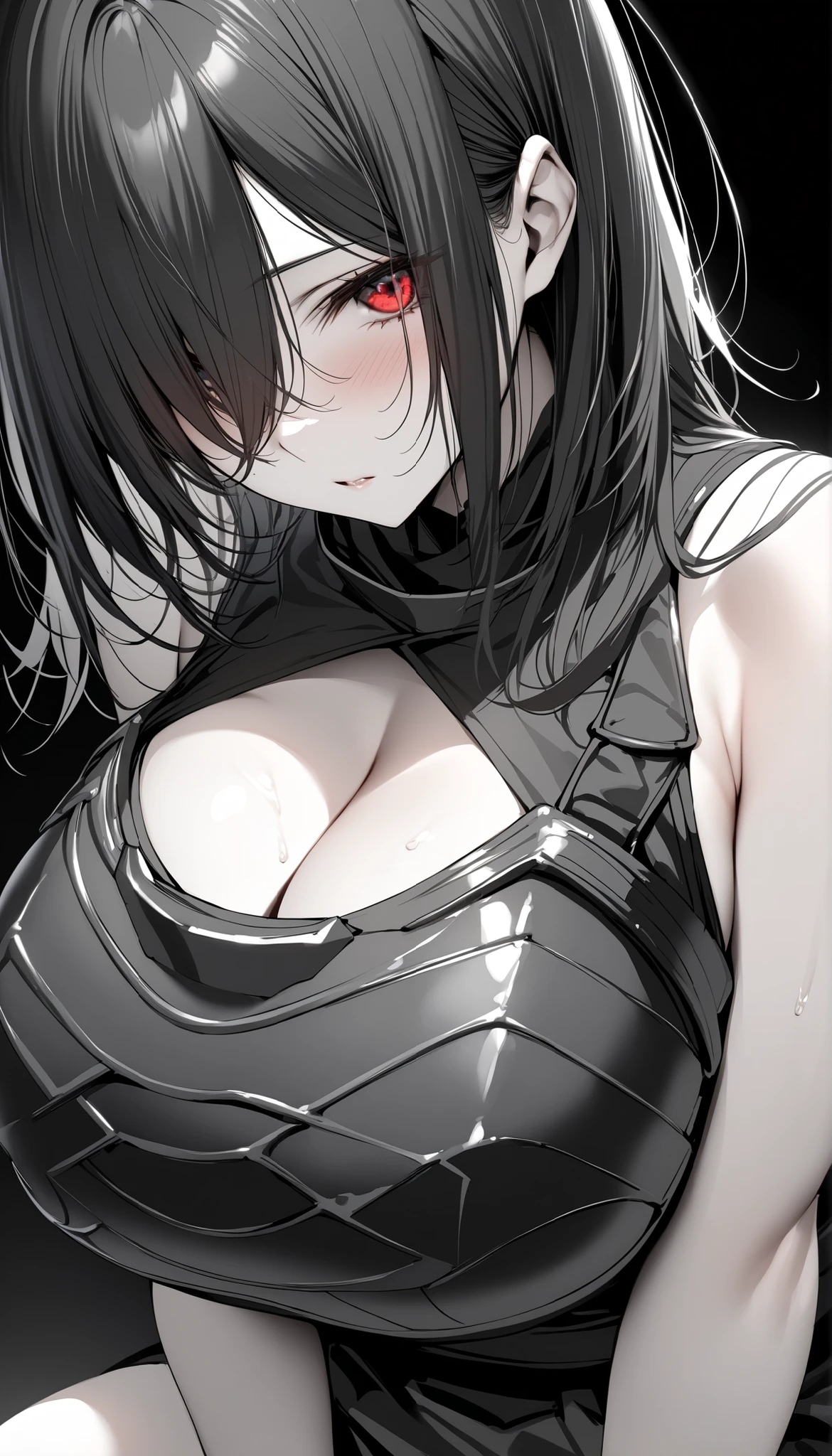 1 girl,upper body,black hair,stand,straight-on,red and blackeyes,masterpiece, best quality, very aesthetic, absurdres,Pasties,breast out, Covered nipples,clothes, nippleless_clothes,tight,clothes