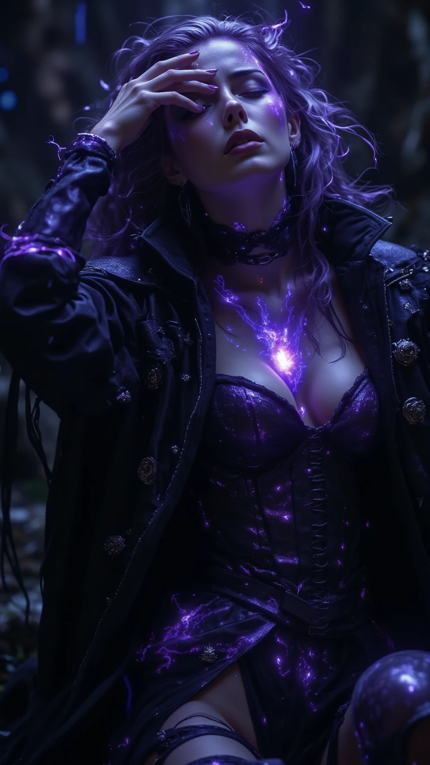 A portrait photo of beautiful girl, witch girl, flirty face, pale white skin and black hair, purple eyes, developed body, perfect breast, wearing old long purple cloaks , cleavage , purple colored cape, the clothes are old and ripped. skull necklace, dark cave background, purple flames and spirits in surrounding , hyper realistic photo, medium shot, fantasy photo