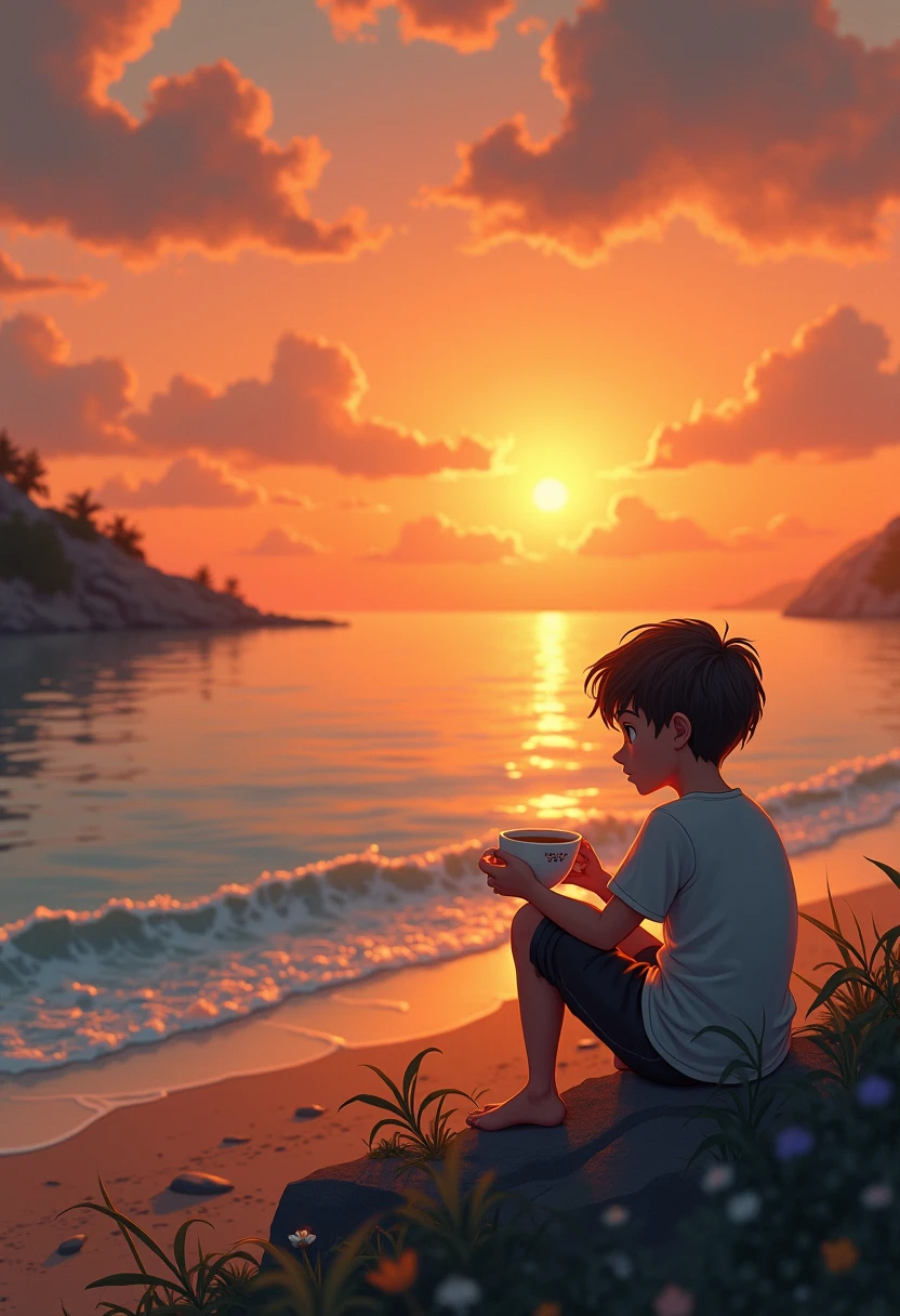 A boy enjoying the sunset on the beach with a cup of coffee