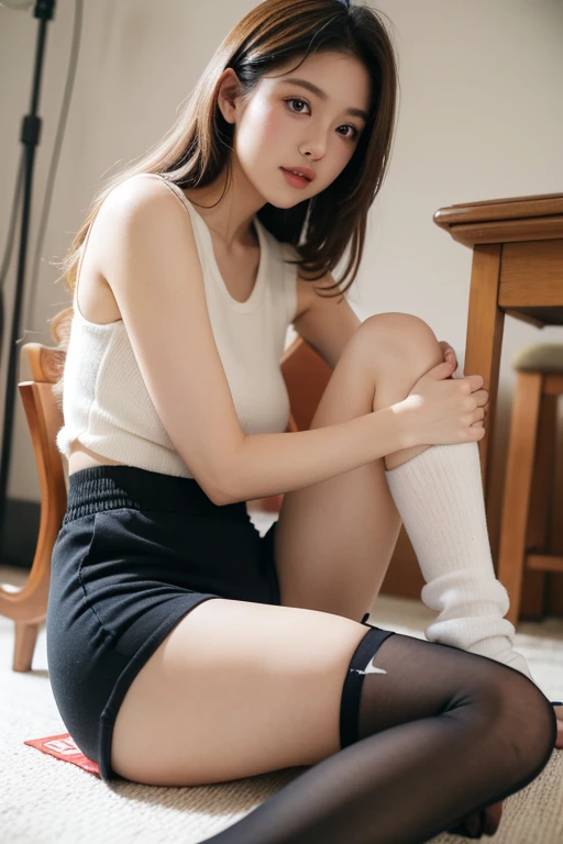 (Realistic, photo Realistic:1.2), ((Highest quality)), moving her center of gravity back, Quite embarrassing, White panties, (Showing panties:1.4),Tight Skirt, (Under the skirt:1.3), (Lift up your skirt:1.3), (squat:1.4), Put your heels on the ground, Spread your legs a little, 膝を上げてsquat, Put your butt on the ground, black penny loafers, Beautiful face details, Real human skin, Gentle expression, Front view, angle From below, Realistic, photoRealistic, cute, Short skirt, squat, cute, whole body,Smile, Natural smile, Charming smile, Captivating smile, (View your viewers:1.2), from the front, From below,20-year-old,Japanese