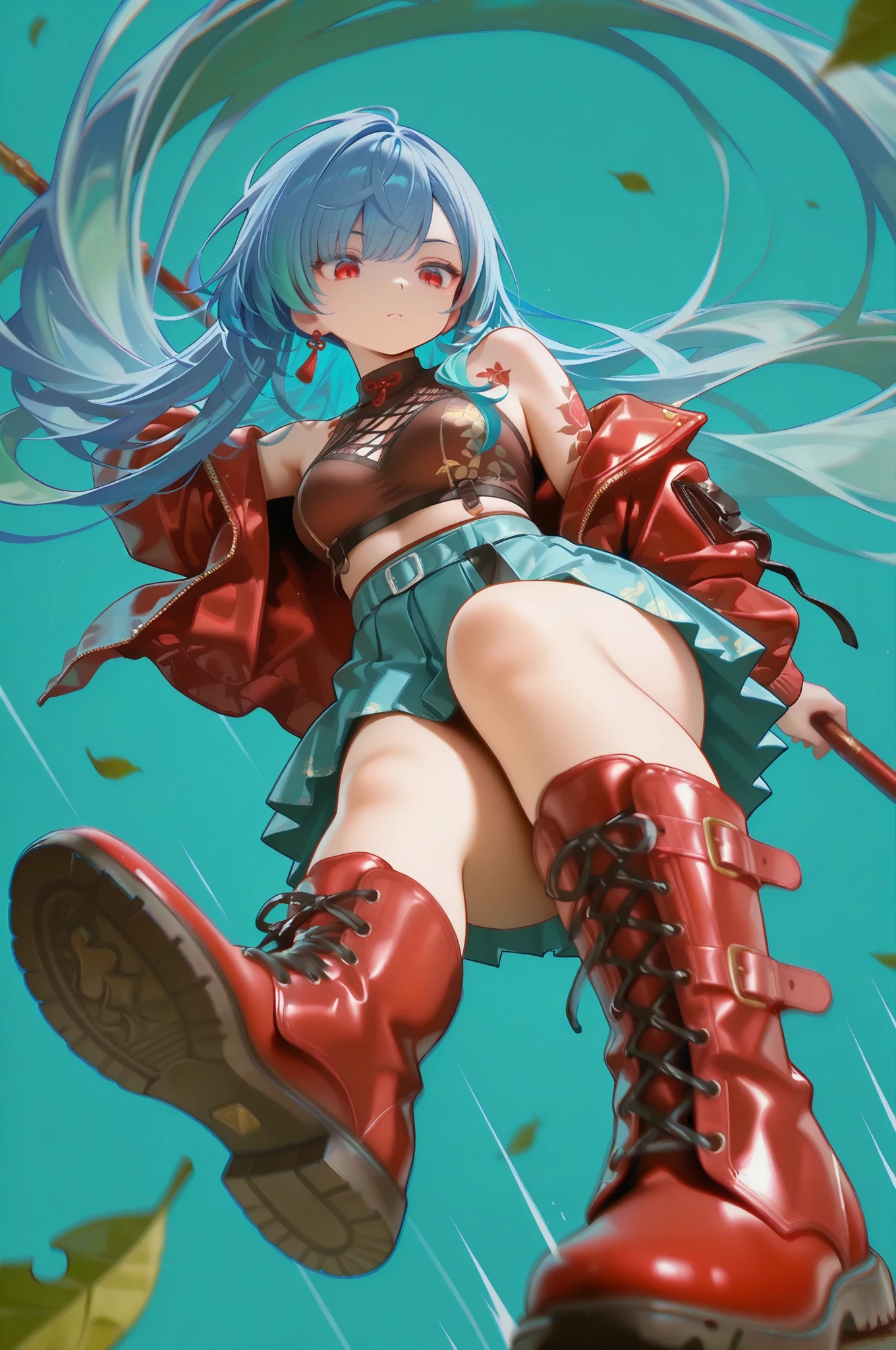 1girl, red eyes, blue hair, teal hair, gradient hair, two-tone hair, absurdly long hair, curly side swept bangs, red tattoos, leaves tattoos, male cool clothes, cool fashion, intricate clothes, intricate accessories, intricate patterns, cool, stylish, streetwear, leaves themed attire, teal trim,  shoulders, 
off shoulder red jacket, sleeveless blue shirt, pleated skirt, two-tone skirt, teal skirt, blue skirt, red shoes, cross-lace knee boots, shoe soles, solo, looking down, serious, floating, falling, holding spear, action pose, action scene, dynamic scene, dynamic pose, ((dynamic angle, foreshortening, from below)), wind, motion lines, motion blur, blurry foreground, surreal, retro style, pop style, teal background, cinematic, cinematic lighting, cinematic shadows, atmospheric lighting,