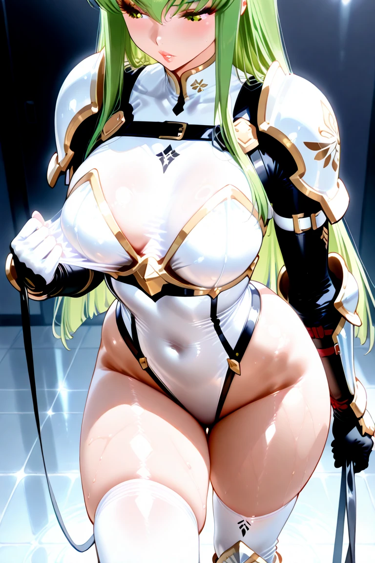 (high detailed)) 27 yo's woman, light cyan hair, green Pandora's clothes,big And round breasts, gorgeous thicc plump body,angry expression,furious eyes,Green satellizer's outfit,Very long skirt, holding handblade, action position, mouth opended, perfect anatomy