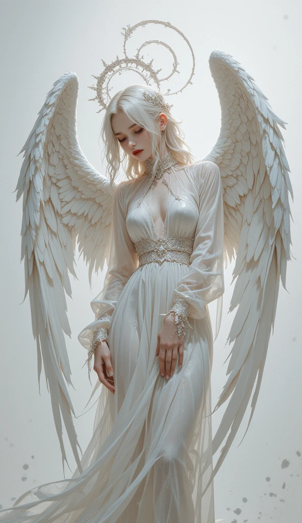 female, white wavy hair, wings white feathery, veil, lace, silk, full body, healing magic, crown, casting spell