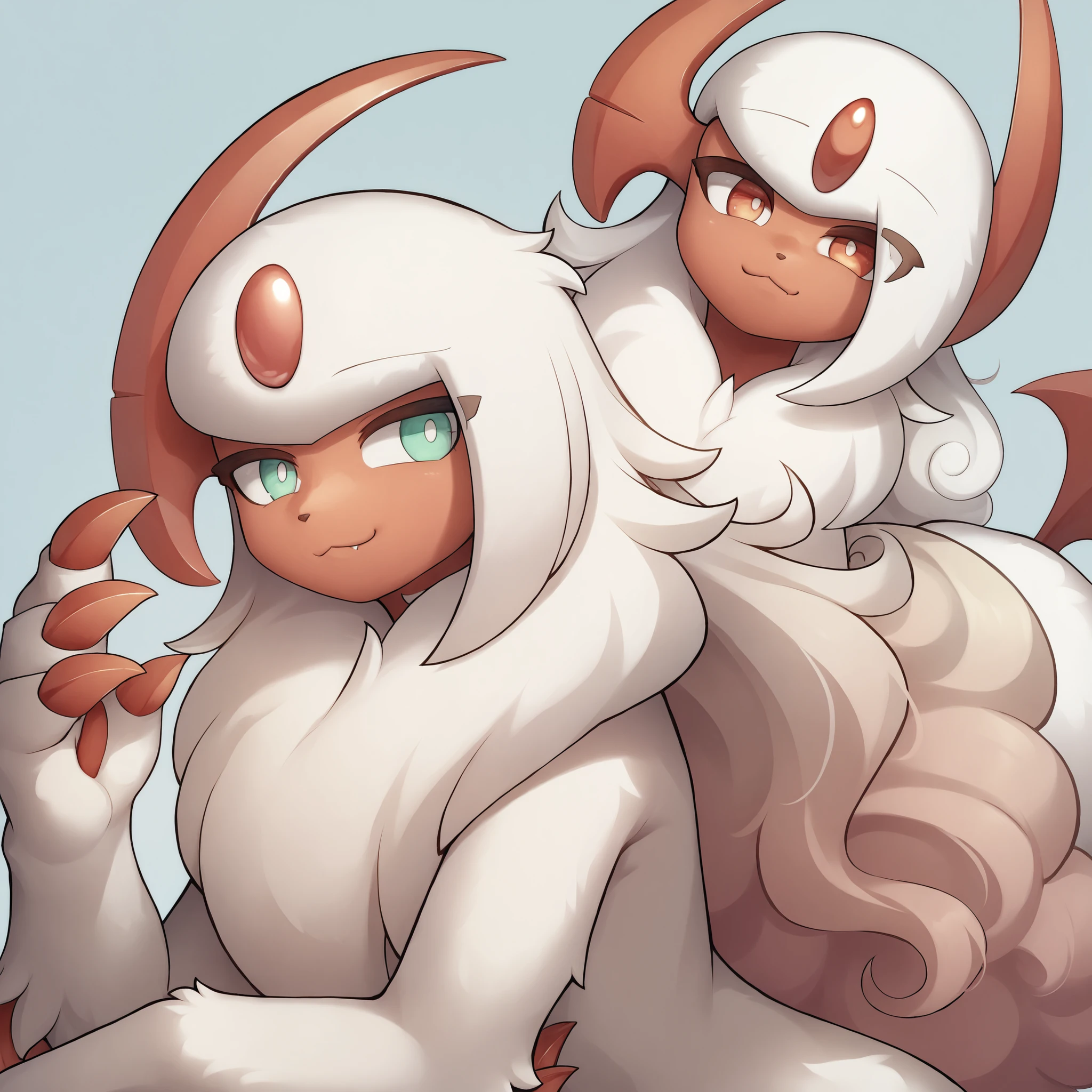 (alta qualidade, high resolution, obra prima), Pokemon \(criatura\), absol shiny///macho, Light red tail, pearl from the forehead light red, White body hair, olhos verde claro, pupilas brancas, light red facial skin, light red claws, Light red horns, pelo branco,  a lot of hair on her ///, sozinho, quarto, Smile in the shape of 3, tomando milkshake, feliz, do autor: Zinfyu