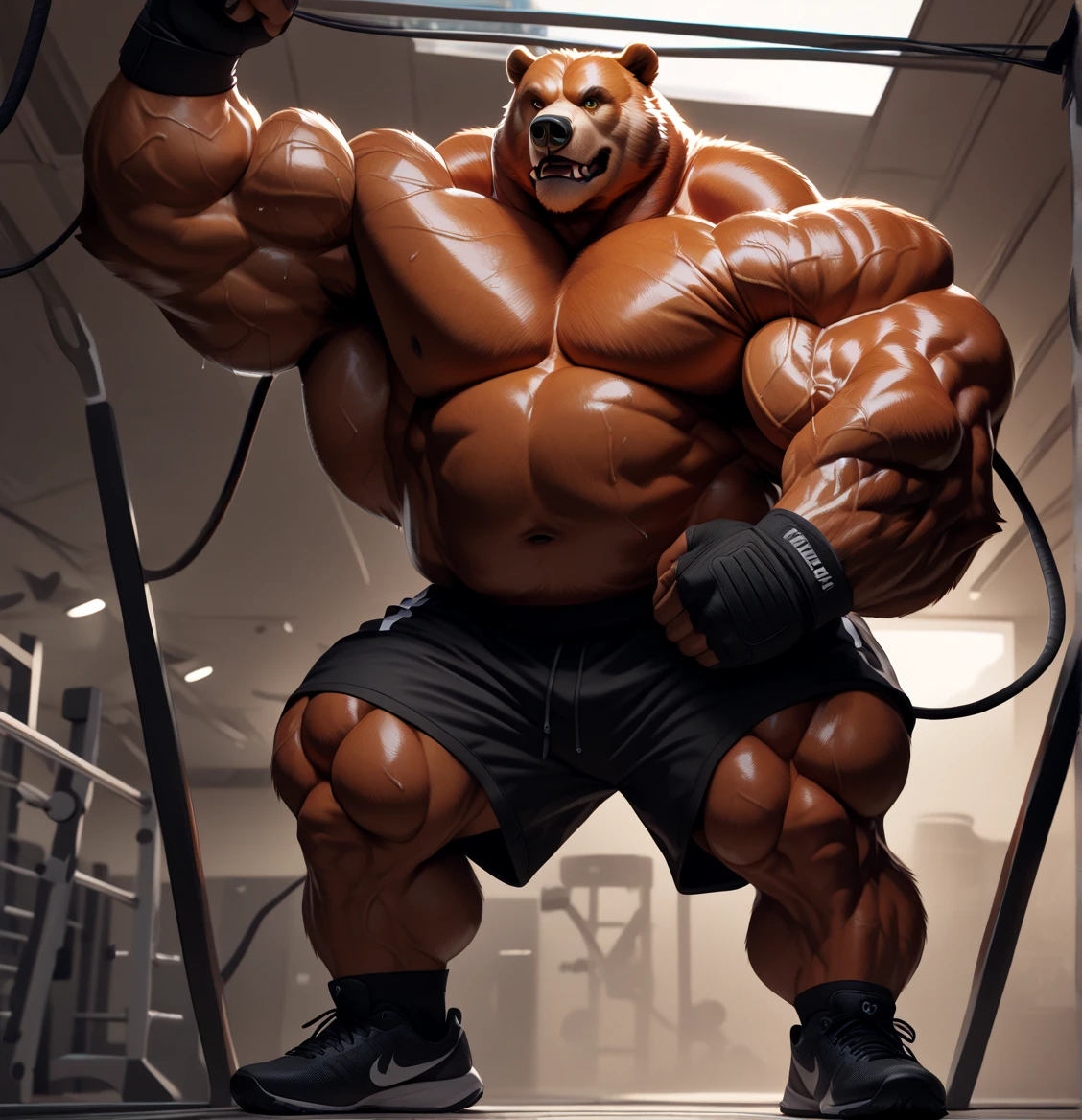 Solo, 1boy, huge muscular kodiak brown bear in big gym fitness center, big smirking, kodiak bear, huge brown fur, thick arms, huge arms, big fists, veins all over arms and chests, bald, big brown mustache and beard, (muscular, pectoral, wide pectoral, thick arms), HEIGHT: 220CM, WEIGHT: 370KG, gym sets, workout equipments, ring, punching bag, 8k, masterpiece, added cinnamon colored eyebrows, deatiled eyes with red pupils, (wearing black mixed martial arts shorts with red slits, black mixed martial art fingerless gloves with red pads, black toeless footwear tapes, shirtless and topless), punching and kicking techniques, bigger, harder, stronger.