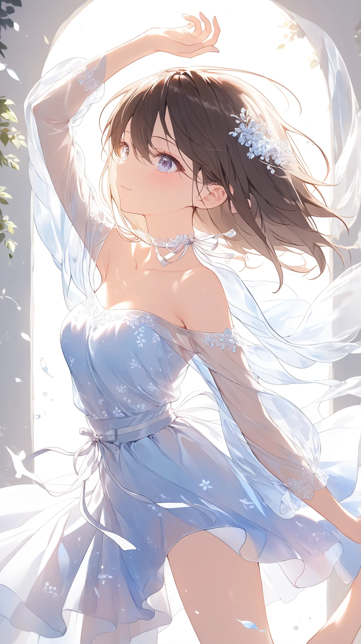 graceful and elegant Japanese high school girl in her late teens, posed mid-dance in a softly lit open studio or an outdoor setting like a quiet garden or sun-drenched courtyard. She has a slim, athletic dancer’s build and exudes youth, confidence, and fluidity. Her delicate facial features are framed by long, flowing black or dark brown hair that gently sways with her movement. Her eyes are large, expressive, and full of emotion—conveying both passion and serenity.
She wears a refined, lace off-shoulder dress—lightweight and flowing, designed for movement and comfort. The dress is elegant yet modestly alluring, with sheer lace sleeves falling gently around her upper arms, leaving her shoulders and part of her collarbones exposed. The fabric flows effortlessly with her motion, made from soft chiffon or tulle with subtle floral embroidery and translucent layers. A ribbon or thin sash ties around her waist, accentuating her form. The skirt is knee-length or slightly longer, fluttering gracefully as she spins or leaps.
Her pose captures a moment of dance—perhaps a pirouette or expressive contemporary move—with one leg extended, toes pointed, and arms poised with precision. Her skin glows under natural or studio light, highlighting her neck, shoulders, and the curve of her back. She is barefoot or wearing delicate dance flats, enhancing the grace of her posture.
Background: softly blurred to emphasize her, with warm ambient tones—sunlight filtering through windows or foliage, adding a serene and dreamlike atmosphere.
Style: high-quality anime or semi-realistic illustration with smooth shading, soft color gradients, detailed lace textures, dynamic fabric motion, and expressive anatomy.