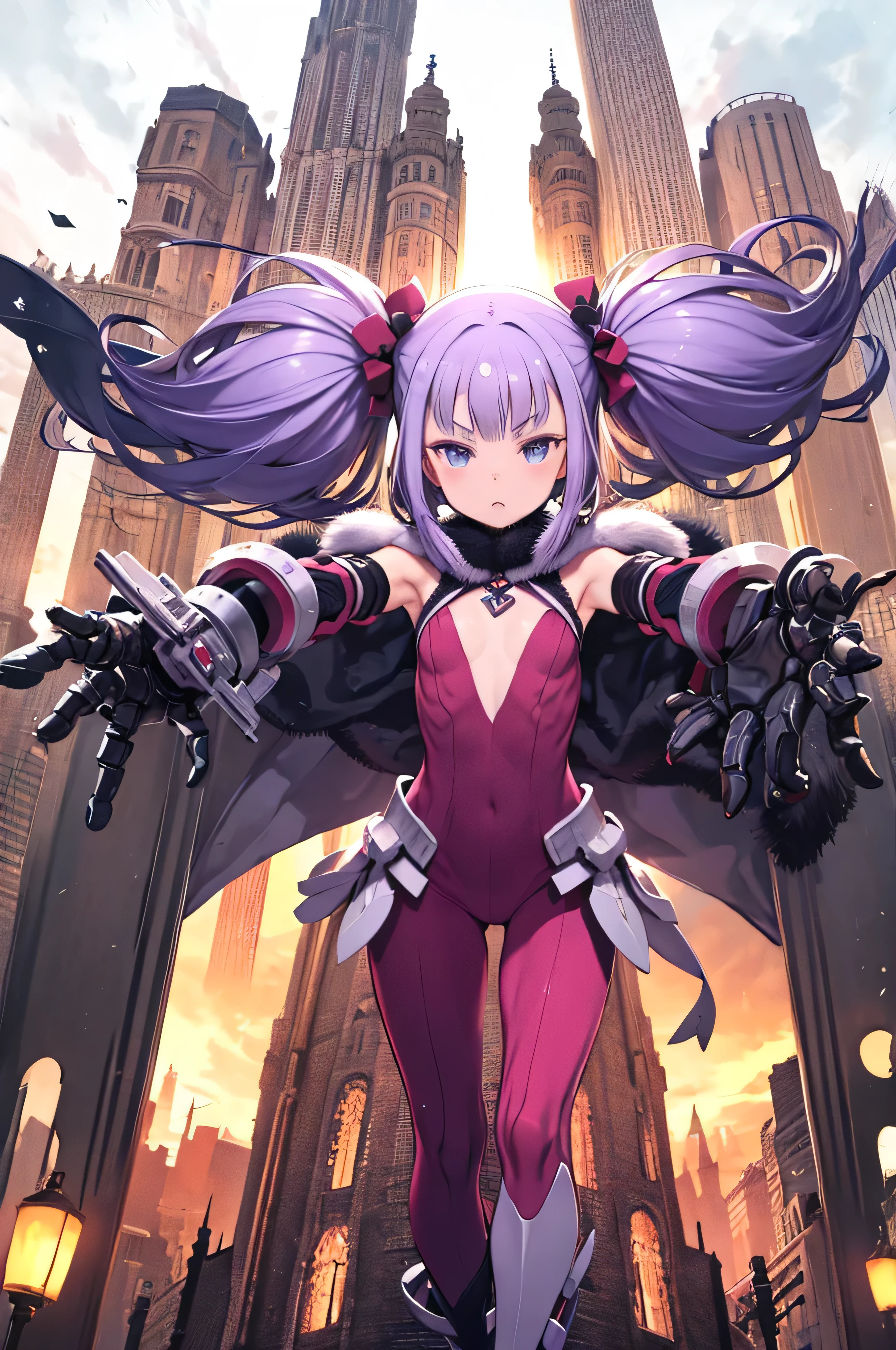 , female vampire, high quality, cyberpunk style, female, wearing round glasses, sci-fi, anime vampire girl, ((white purple black mixed hair)), half red half purple eyes, wearing round glasses, silver cross necklace, black rings, fangs, smile, wearing a large cybernetic coat with different lighting on it, large long cybernetic sickle, outside, cyberpunk city, red black purple lighting, strong colors