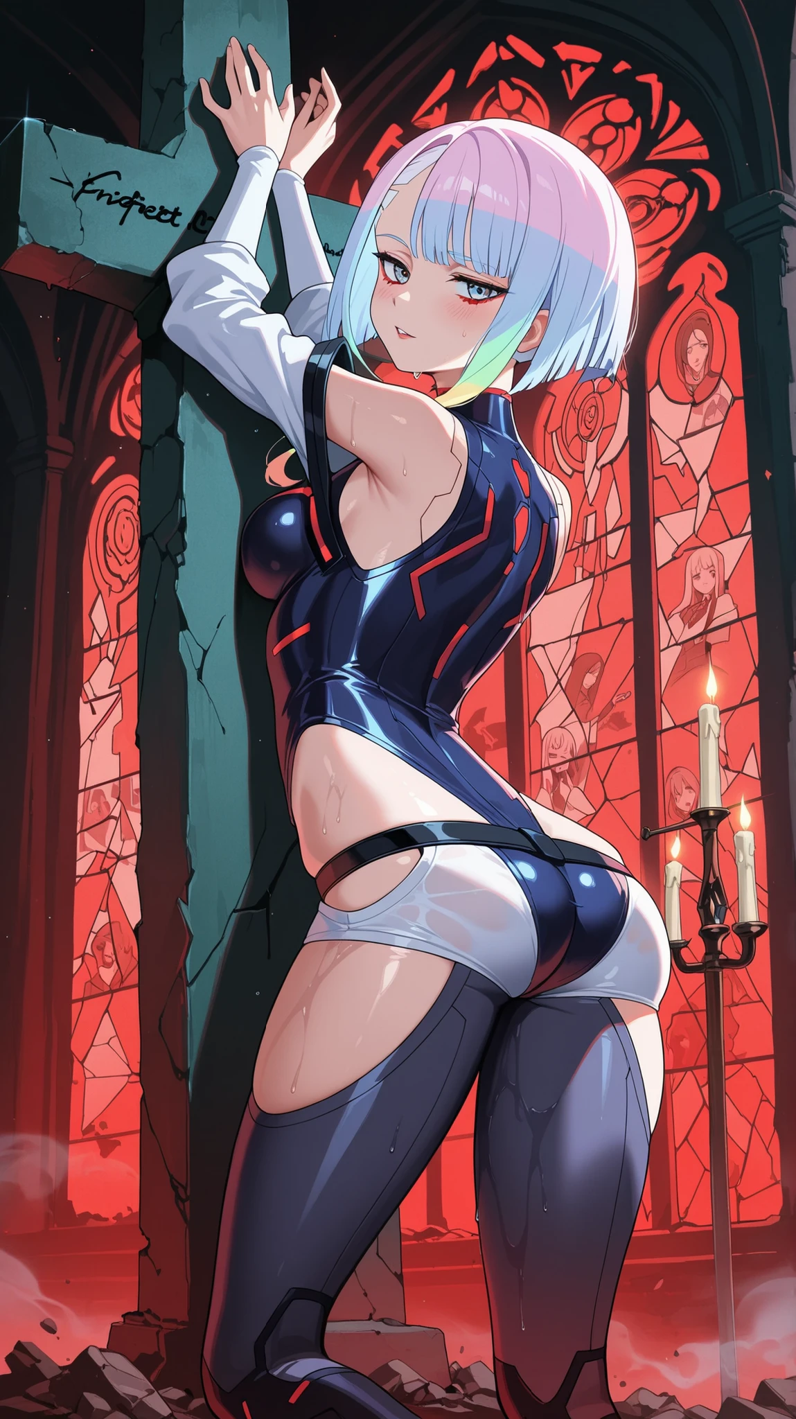 BREAK looking at viewer, BREAK (masterpiece:1.2), best quality, high resolution, unity 8k wallpaper, (illustration:0.8),extremely detailed face, perfect lighting, extremely detailed CG, (perfect hands, perfect anatomy),Abandoned neo-gothic cathedral, cyberpunk dystopia, shattered stained-glass windows glowing with neon holograms (crucifixion scenes replaced with corporate logos), flickering LED candles on broken altar, chains hanging from vaulted ceilings, rain dripping through collapsed roof onto overgrown circuits, a lone cyborg monk praying to a glitching AI deity, cold blue and blood-red lighting, smoke swirling between pews filled with discarded tech, Latin chants distorted by static, "John 3:16" graffiti overwritten with "OBEY" in binary, 4K hyper-detailed, cinematic atmosphere  ,lucy \(cyberpunk\),yculpnxl,tight clothes,wet clothes, in middle of street,arched back, raised hips, looking back at viewer, blush, seductive expression,from behind