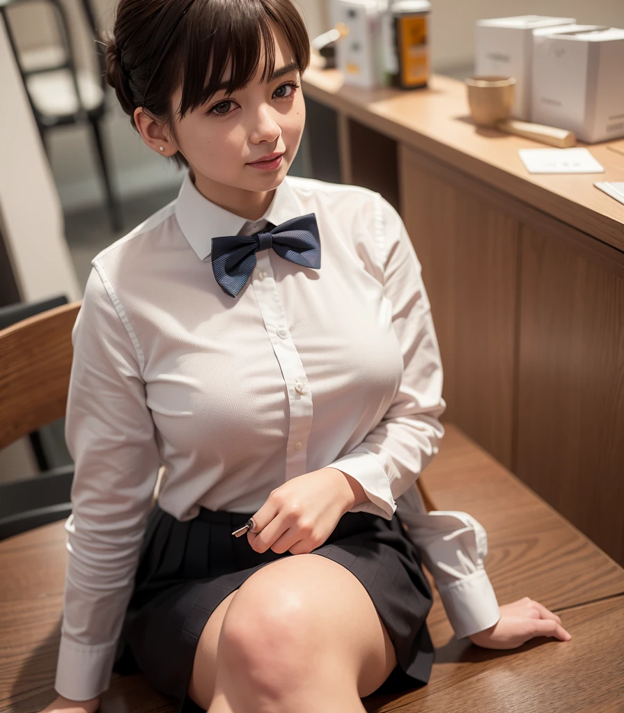 (8K, RAW photos, best quality, masterpiece:1.2), (Practical, photo-Practical:1.37), Extremely detailed,
1 girl,Lovely, Solitary,Beautiful and detailed sky,Detail of cafe,night,sit,Dating,(Red and swollen nose),(Smile:1.1),(Shut up),Large Breasts, seductive Smile, Big Apartment, Professional lighting, Sony A7R4, Jersey 50mm F1.8,
Medium breasts,Beautiful and delicate eyes,(Collared shirt:1.1), bow tie,Pleated Skirt,(short hair:1.2),Flowing hair