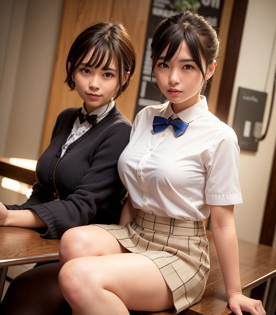 best quality, facial focus, soft light, (depth of field), ultra high res, (photorealistic: 1.4), RAW photo, (upper knees: 1.4), (sideways) 1Japanese girl, solo, handsome, (shy, smile: 1.1), (brown eyes), detailed beautiful face, (short hair), High school classroom, (seated chair), (school uniform: 1.4, navy skirt, navy Blazer)