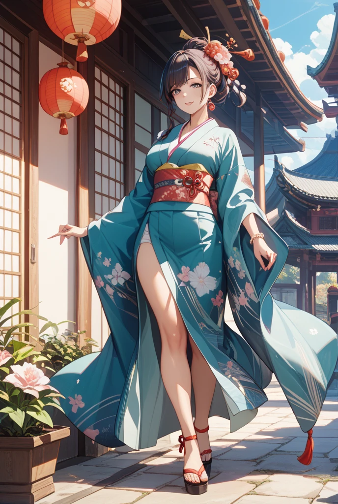 full bodyesbian, Wear colorful kimonos, 17-year-old girl, 17-year-old Japanese girl on a dark city street, Dark and creepy streets, Petite girl, There is a chest, figure, Short brown hair, Exposing the abdomen, midriff exposed, small , ((Big breasts Thin waist)), a small face,Barefoot,Naked