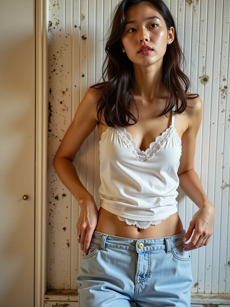 (Tafah, Best quality:1.2), 1girl, I am lonely,
long hair, White sleeveless tank top,Blue Jeans Shorts