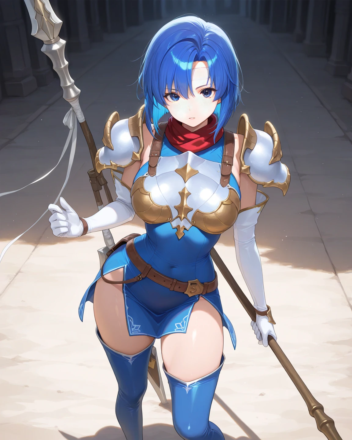 Katria_nm, cute, blue hair, short hair, blue eyes, cute, thin waist, small, Tight, medium breasts, bare shoulders, red neckerchief, blue elbow gloves, blue fingerless gloves, shoulder armor, belt, breastplate, white headband, short dress, dress slit, blue tight boots, Blue Long Boots, Pegasus knight uniform (Fire emblem), low length, middle ages, village,