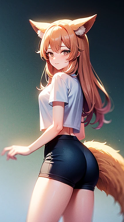 ((highest quality,32k)), ((masterpiece)), (become close), Perfect Face, Fox woman, Beautiful woman, public, There is a fluffy tail on the butt, She has a squirrel's tail, She wags her tail, Big tail, smile, Beautiful looks, she shows her tail, Big , she is wearing shorts, A tail sticking out of his shorts