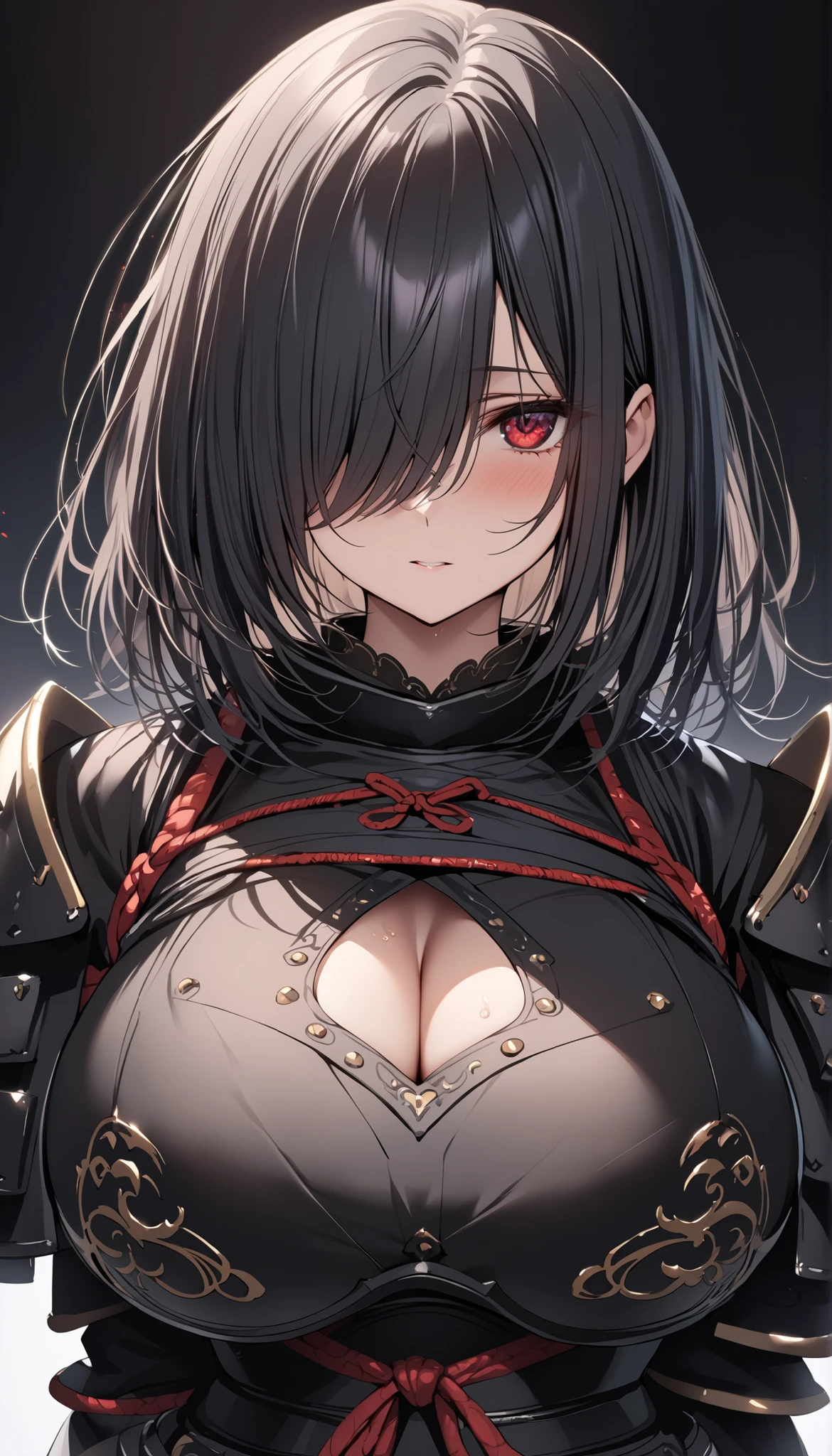 score_9_up, score_8_up, score_7_up, source_anime, 1girl, black hair, bob cut, medium hair, red eyes, expressionless, nude, portrait, open mouth, cleavage, large breasts