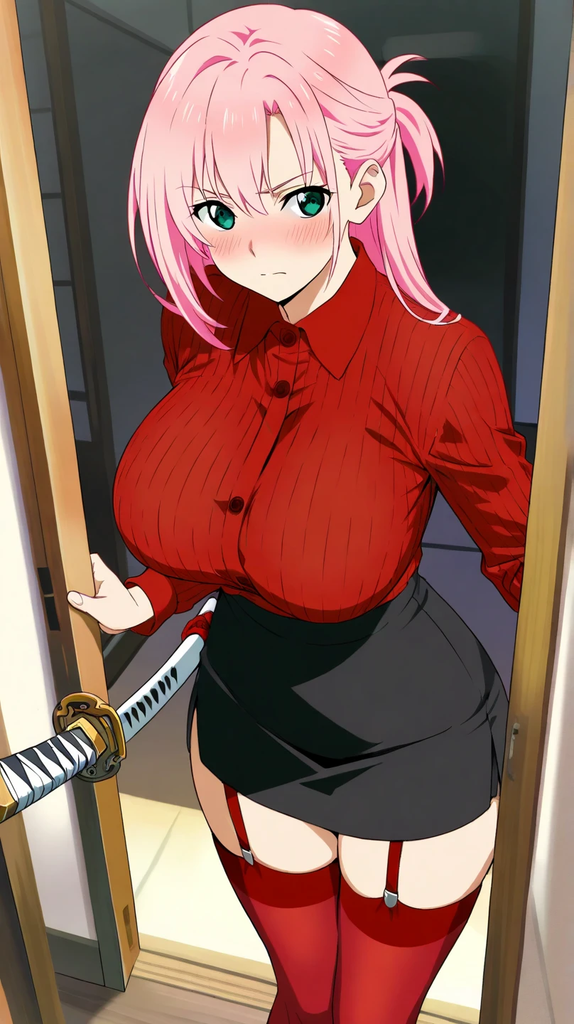 anime_still, masterpiece, best quality, 1girl, Gasai Yuno,(large breasts:1.9), nipples, solo, ((nude)), ((kill room:1.5)), ((blood)), ((psycho:1.1)), cannibal, small table with an assortment of knives and meat cleavers on the table, she is wearing a apron made of human skin and her breasts are exposed,