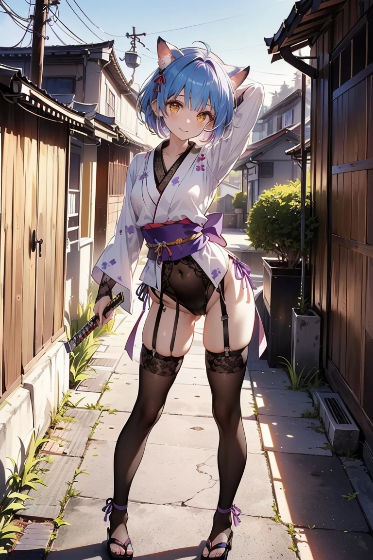 (masterpiece),4k, (ultra realistic), (best quality), (high detailed face),sexy, 1girl, a beautiful japanese girl looking at sky near the river, slim, long legs, (bikini), (flat chested), (black stocking), (pubic hair:1.4), (green hair, green eyes), (front view), (ultra detailed body), (ultra detailed hair), (high detailed hands), photorealistic, (full body view), rainy