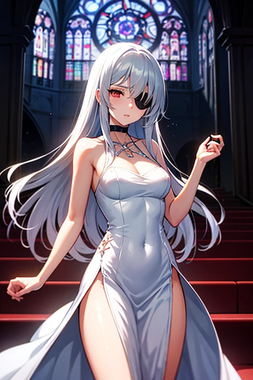 (obra maestra), 1 chica, Solo, Mejor calidad, ojos expresivos, cara perfecta, cabello muy largo, white hair BREAK yellow eyes BREAK pale skin, vestido blanco ROMPER pared de ladrillo, escote, pechos grandes, cuerpo delgado, :), sonrisa ligera, mirando al espectador, de pie, vestido sin mangas, hombros descubiertos, gargantilla 
