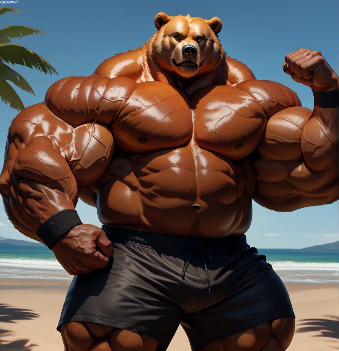 solo, 2boys, beach, size different, extremely huge muscular, massive muscular, grizzly bear, full-body, well-muscled, being shirtless in a black swim trunk shorts and black wristbands in beach. Working out. Doing chin-ups on the 5ft metal bars. Super strong. Super strength. ((extremely muscle size, super thick arms, huge back, thick brown fur, extremely wide back and shoulder, powerful strength, huge arms, pumping up)). and add details to make it attractive and interesting. Added eyes. Add textures and details to make the image more realistic, such as the appearance of the body-built texture and the appearance of the fur. Make sure the resulting image is high resolution, 8K quality.", simple background, masterpiece, high detailed, 8k, high resolution